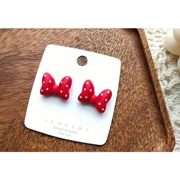 NWT NEW Minnie Mouse Red White Polka Dot Bow Stud Earrings - Picture 3 of 6
